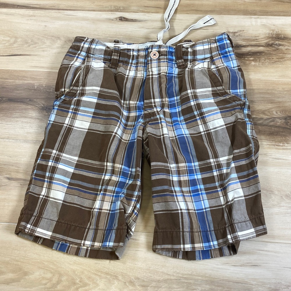 Abercrombie Kids Shorts Boys 14‎ Brown Blue Plaid Cotton Drawstring Waist